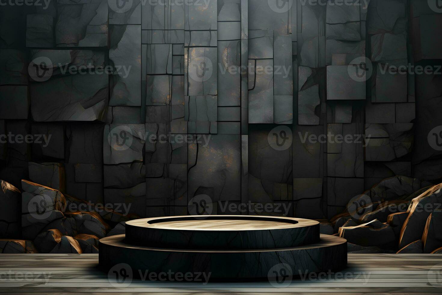 Stone and rock shape 3d render illustration. Round podium, pedestal for brand product exhibition. Solid dark black color AI Generative Illustration. photo