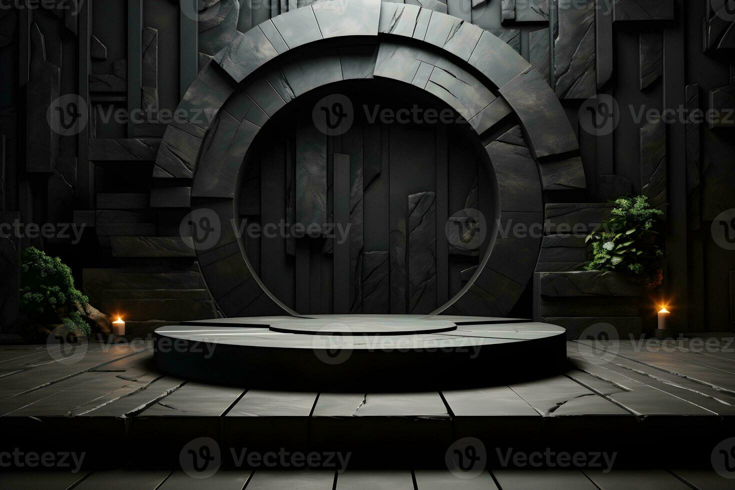 Stone and rock shape 3d render illustration. Round podium, pedestal for brand product exhibition. Solid dark black color AI Generative Illustration. photo