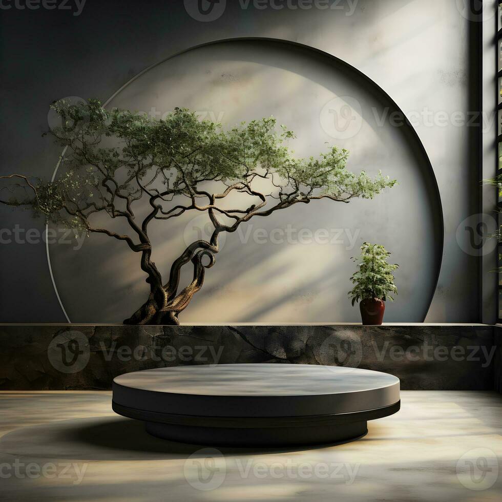 3d render of black and gold pedestal podium on background with neon stage light abstract minimal concept decorate with plant, blank space luxury minimal clean design AI Generative photo