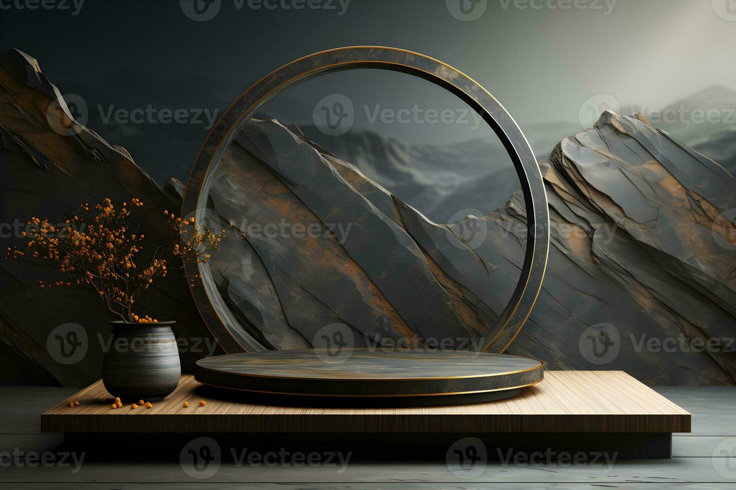 3D rendering of a dark stone platform with a round frame. AI Generative Illustration. Podium for product shoot. photo