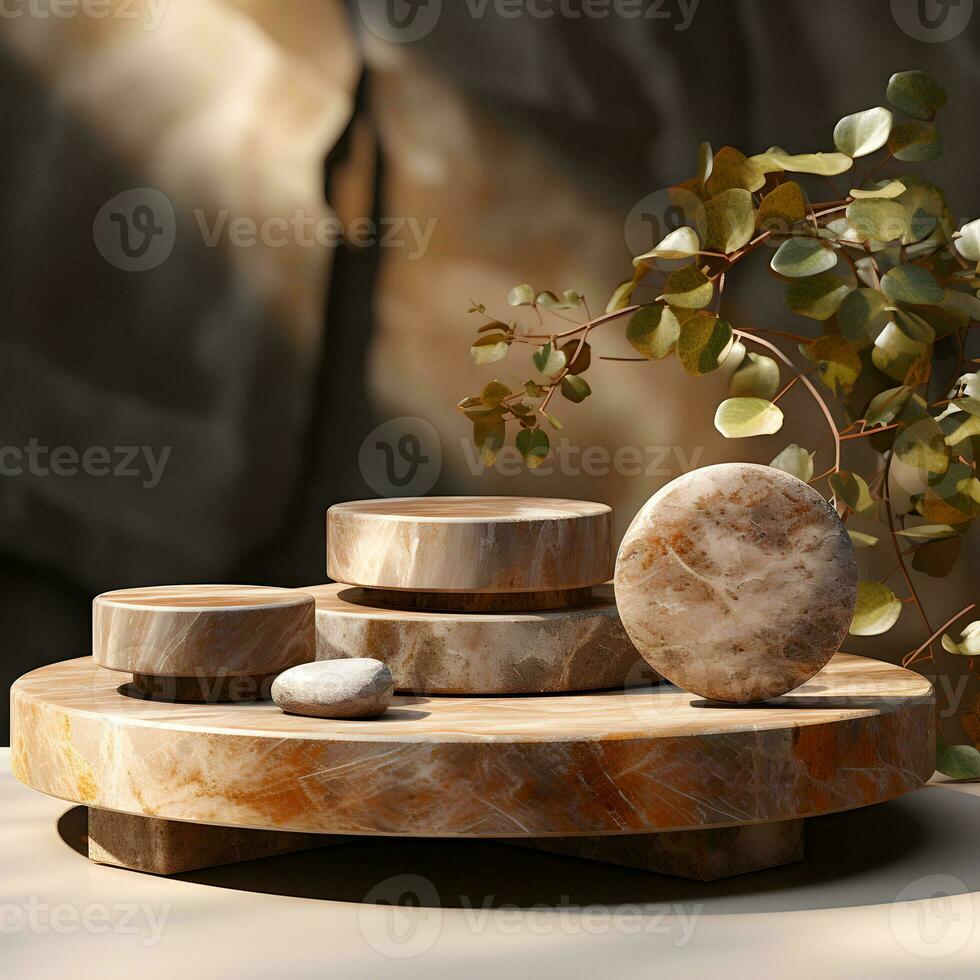 3d render, abstract minimal scene with round podium and mountains in the background AI Generative Illustration. Podium for product shoot. photo