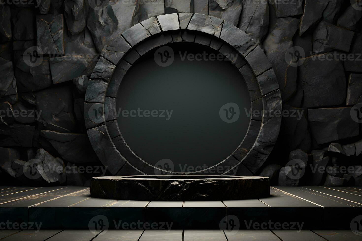 Futuristic dark room with stone floor, 3d render. AI Generative Illustration. Podium for product shoot. photo