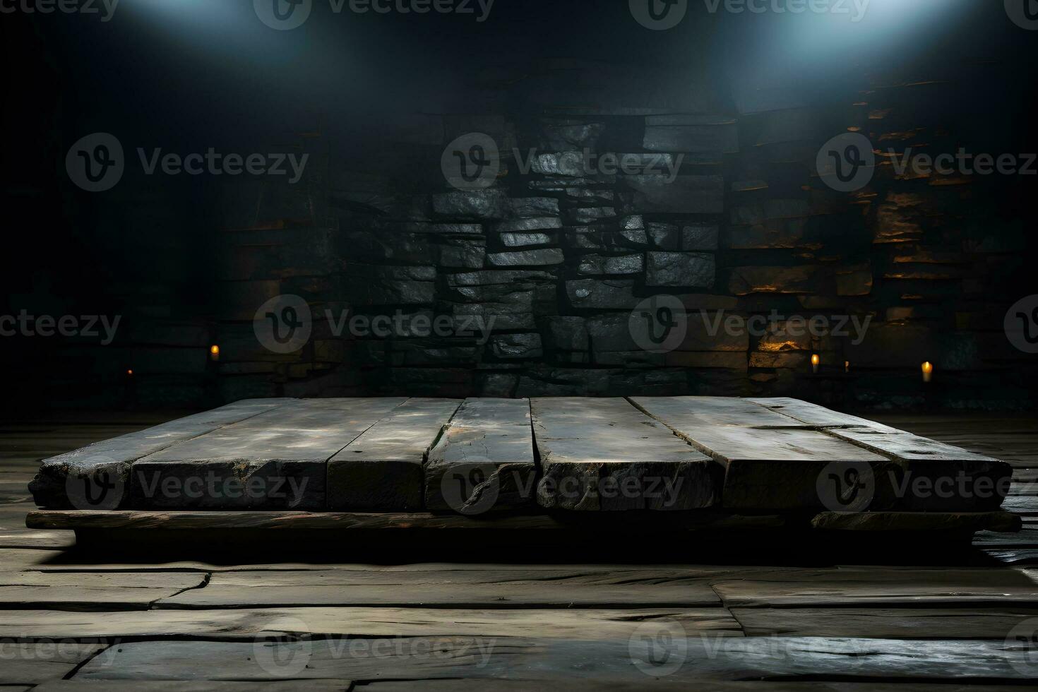 Futuristic dark room with stone floor, 3d render. AI Generative Illustration. Podium for product shoot. photo