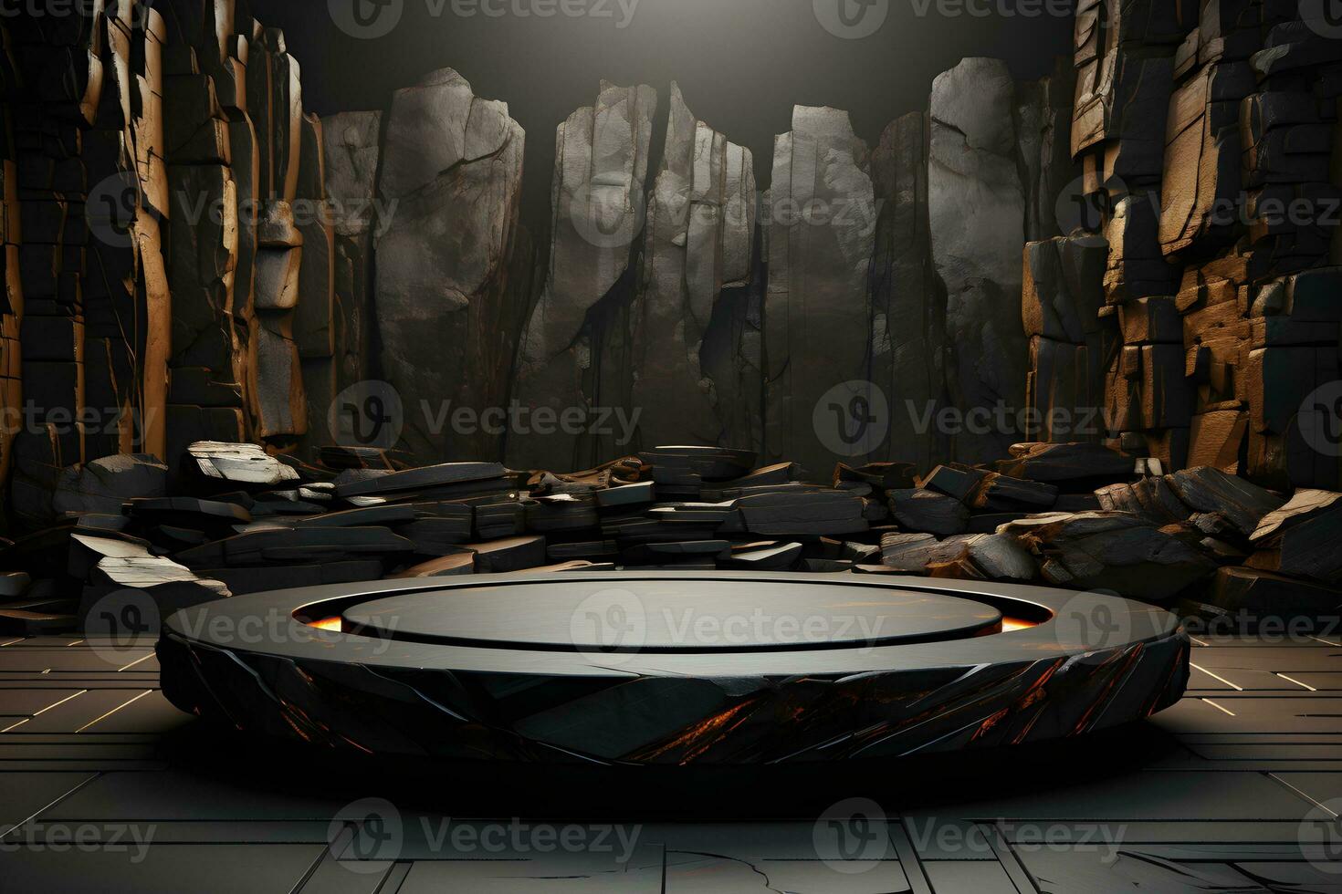 Futuristic dark room with stone floor, 3d render. AI Generative Illustration. Podium for product shoot. photo