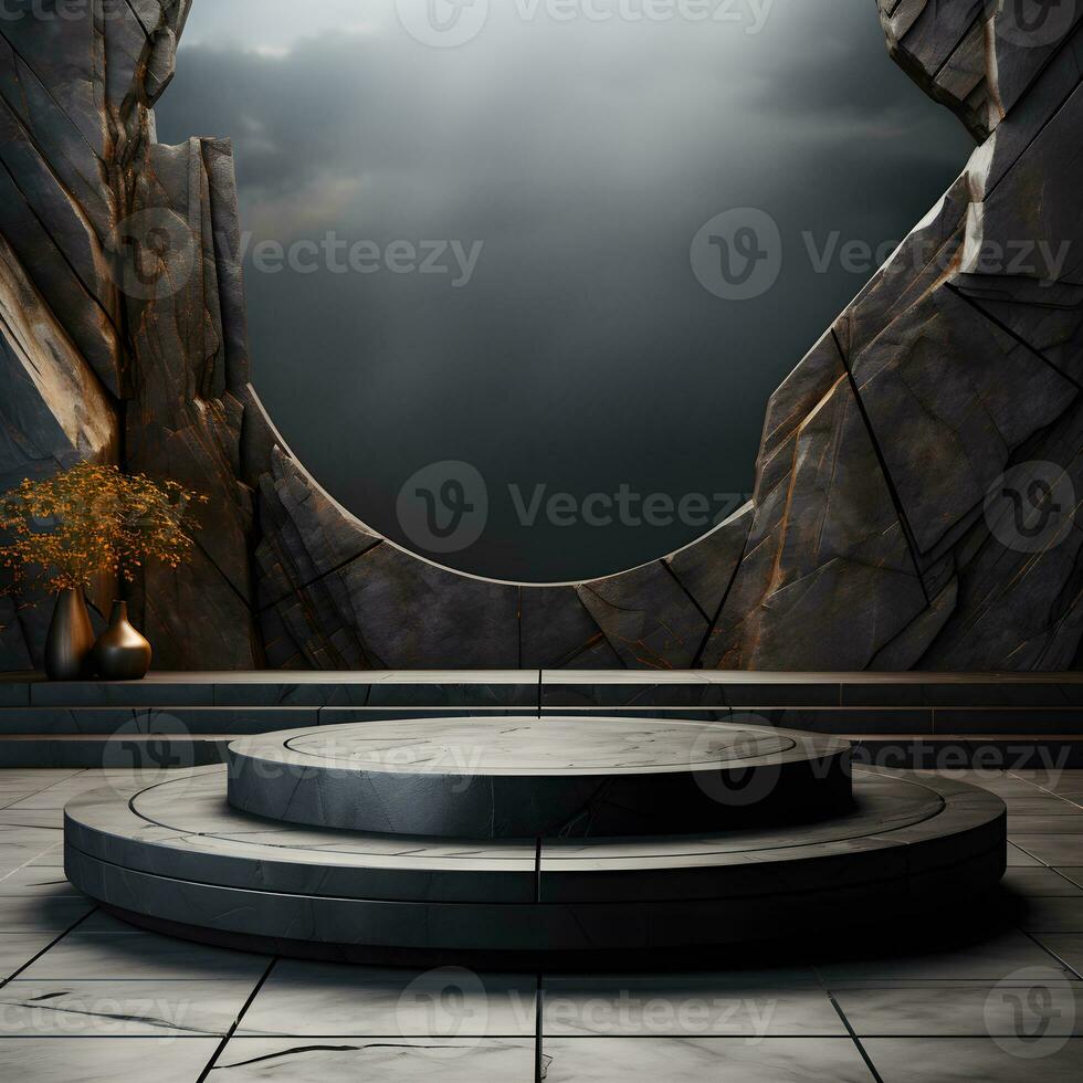 Black stone circle podium pedestal product stage platform 3d background. Generative AI photo