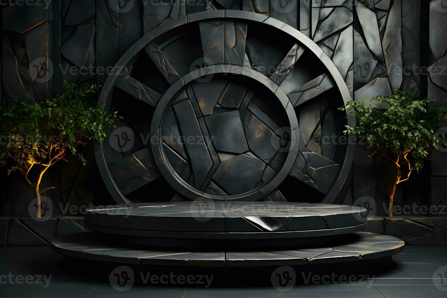 Futuristic dark room with stone floor, 3d render. AI Generative Illustration. Podium for product shoot. photo
