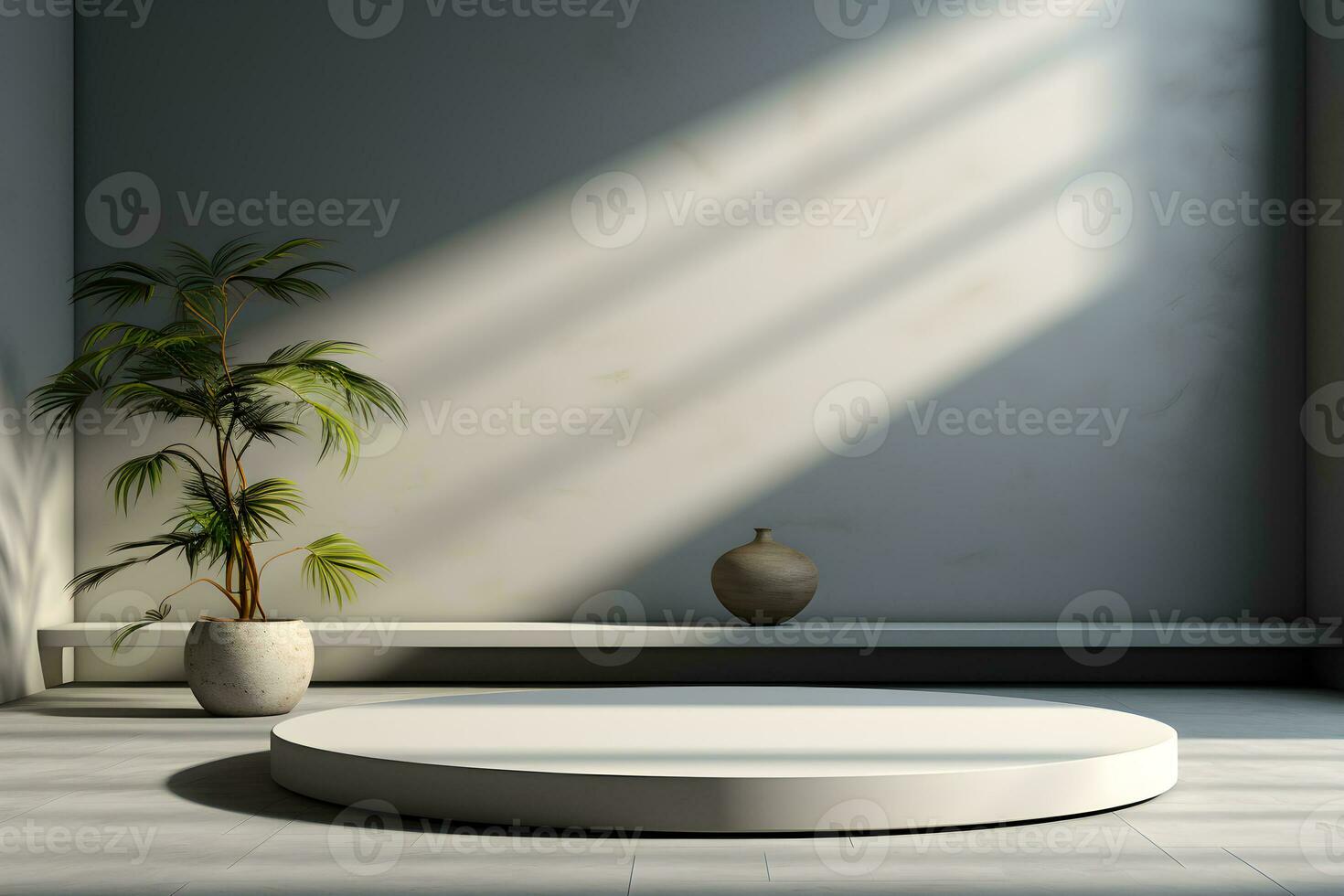 realistic 3d cylinder stand podium. cylinder podium leaves in pastel natural background. Scene to show cosmetic products presentation. AI Generative Illustration. photo