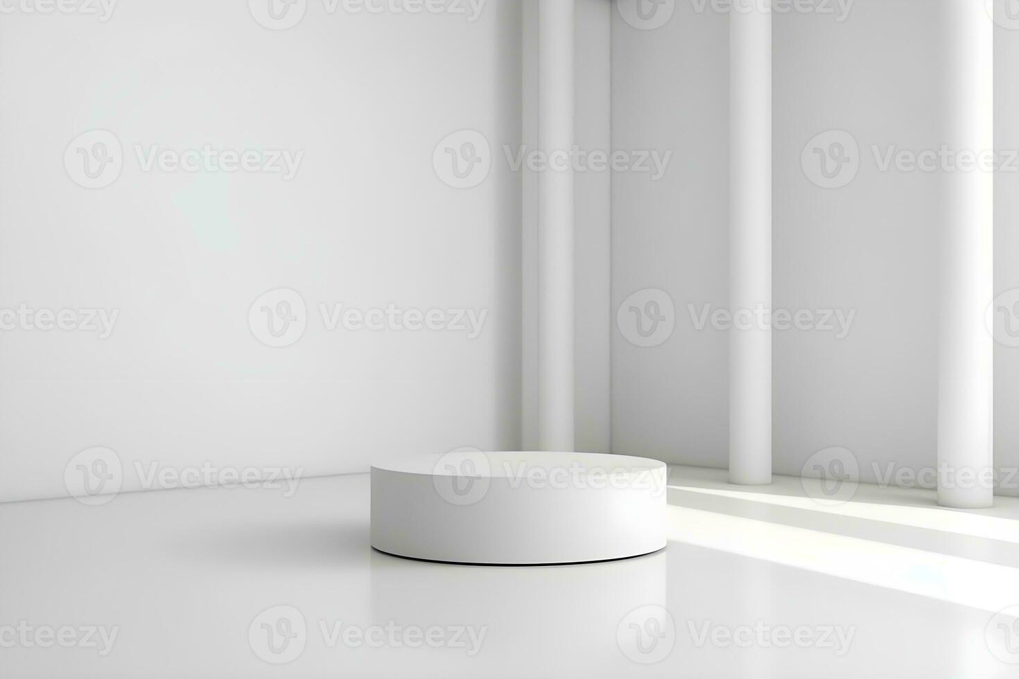 3d render of white round podium on the wooden floor in the modern room. AI Generative Illustration. Podium for product shoot. Marble , plant, Minimal Display for product. photo