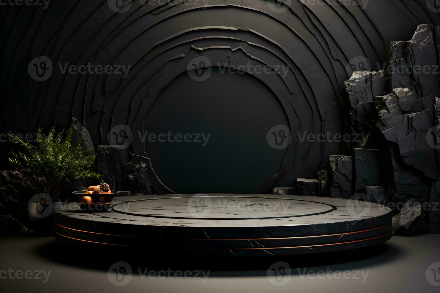 Stone and rock shape 3d render illustration. Round podium, pedestal for brand product exhibition. Solid dark black color AI Generative Illustration. photo
