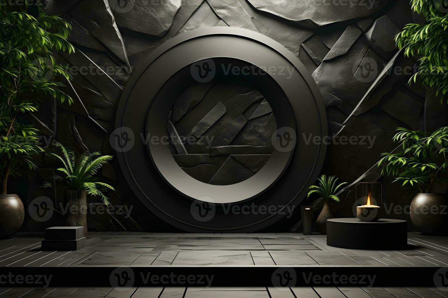 Stone and rock shape 3d render illustration. Round podium, pedestal for brand product exhibition. Solid dark black color AI Generative Illustration. photo