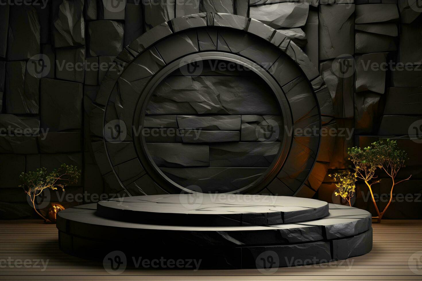 Futuristic dark room with stone floor, 3d render. AI Generative Illustration. Podium for product shoot. photo