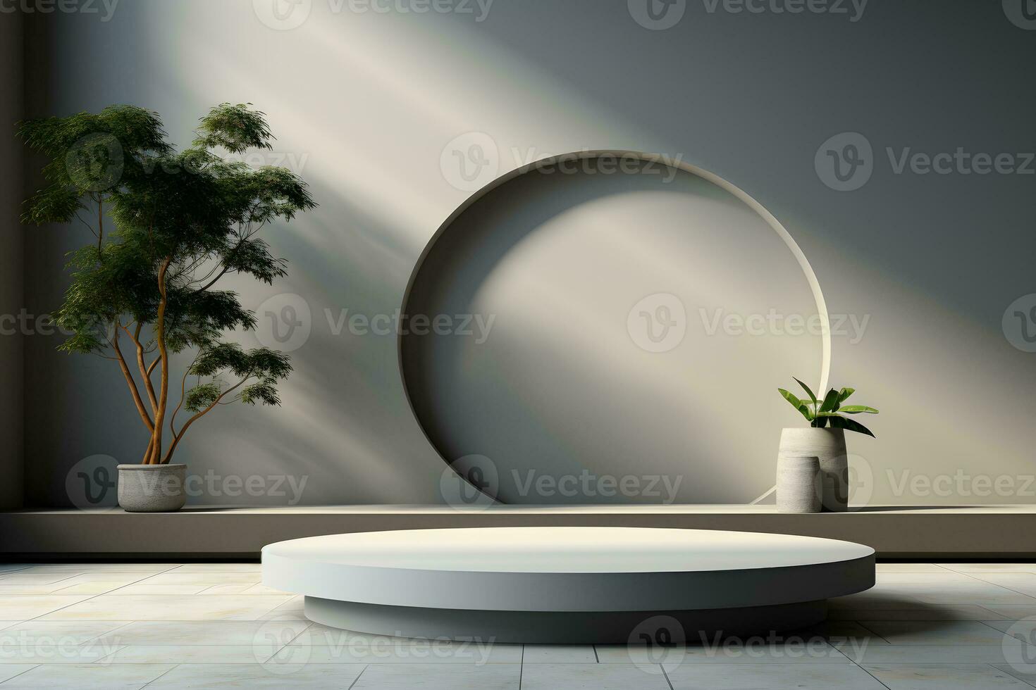 3d render of white round podium on the wooden floor in the modern room. AI Generative Illustration. Podium for product shoot. Minimal Display for product. photo