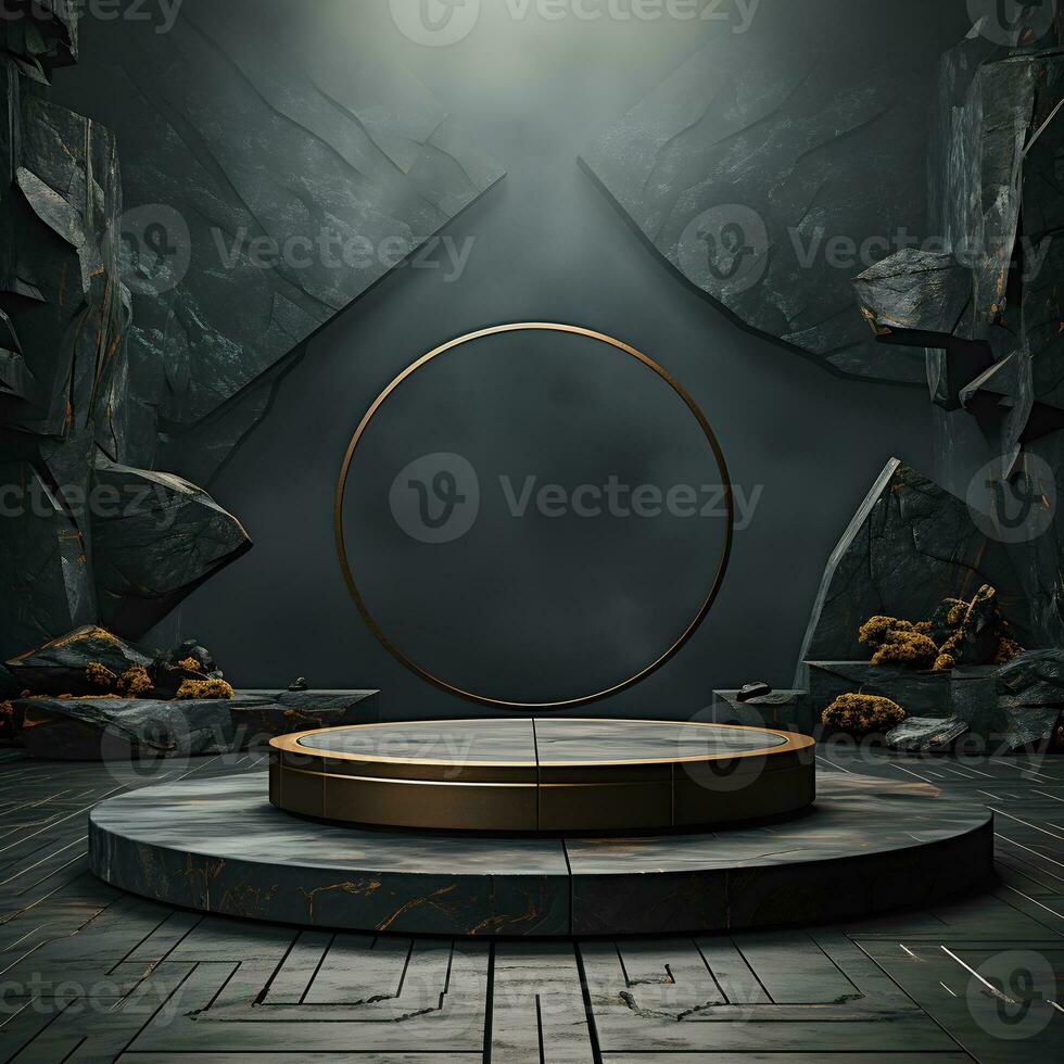3D rendering of a dark stone platform with a round frame. AI Generative Illustration. Podium for product shoot. photo