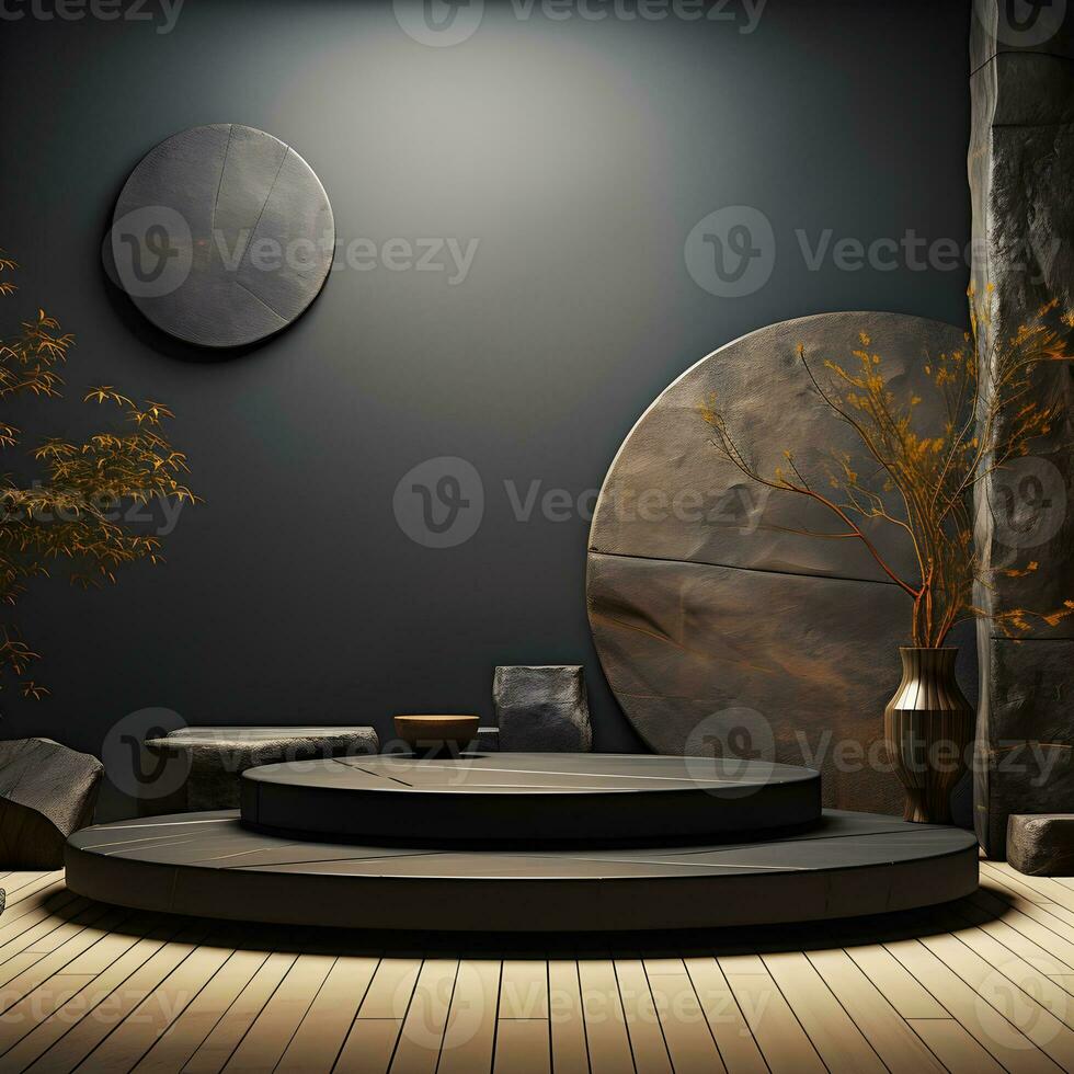 3d render of black and gold pedestal podium on background with neon stage light abstract minimal concept decorate with plant, blank space luxury minimal clean design AI Generative photo