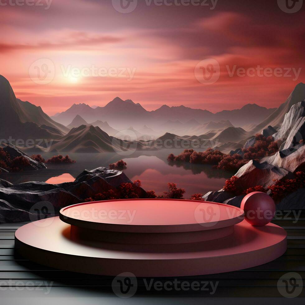 3d render, abstract minimal scene with round podium and mountains in the background AI Generative Illustration. Podium for product shoot. photo
