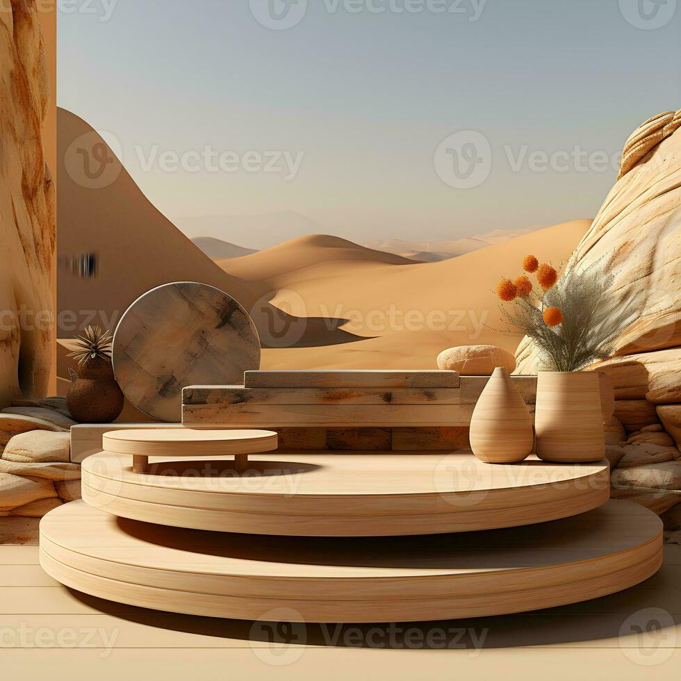 3d render, abstract minimal scene with round podium and mountains in the background AI Generative Illustration. Podium for product shoot. photo