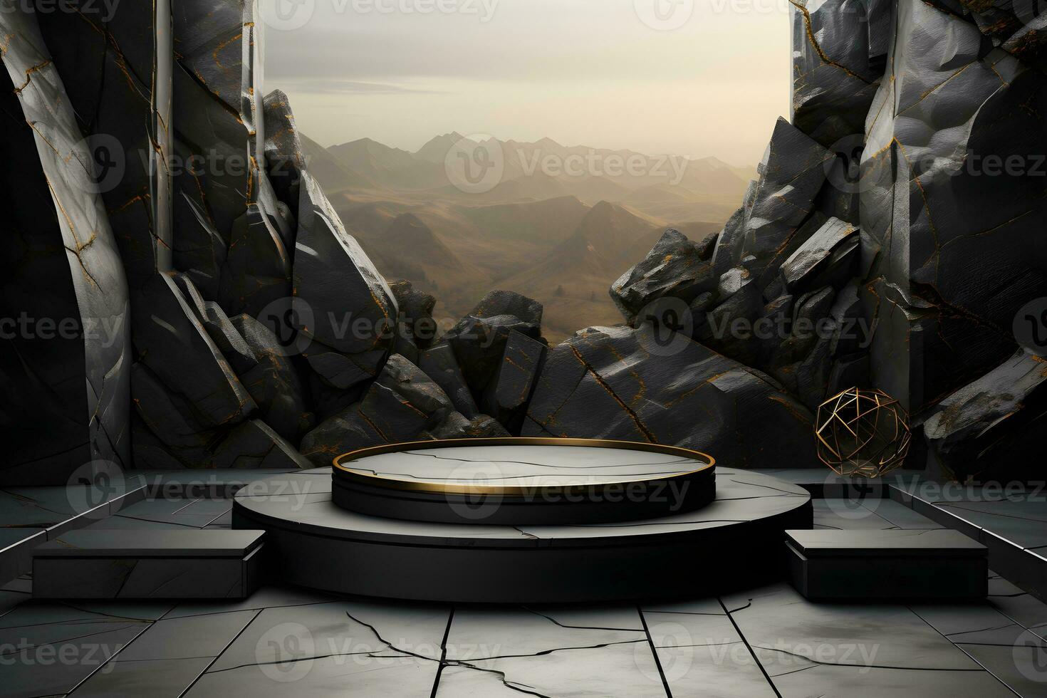 Futuristic dark room with stone floor, 3d render. AI Generative Illustration. Podium for product shoot. photo