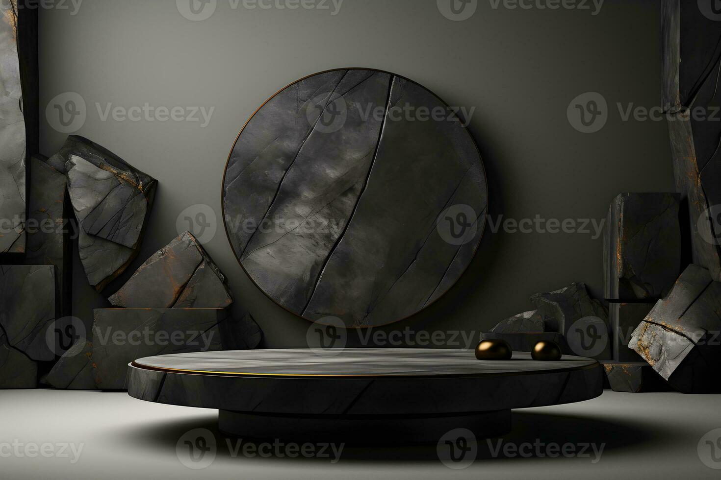 Futuristic dark room with stone floor, 3d render. AI Generative Illustration. Podium for product shoot. photo
