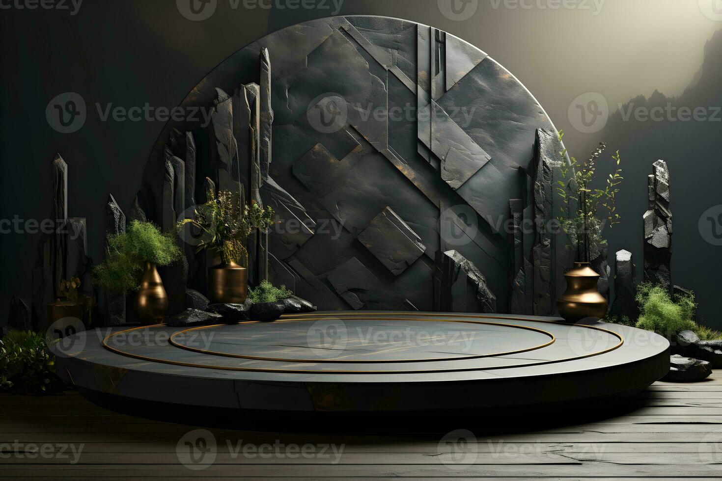 Futuristic dark room with stone floor, 3d render. AI Generative Illustration. Podium for product shoot. photo