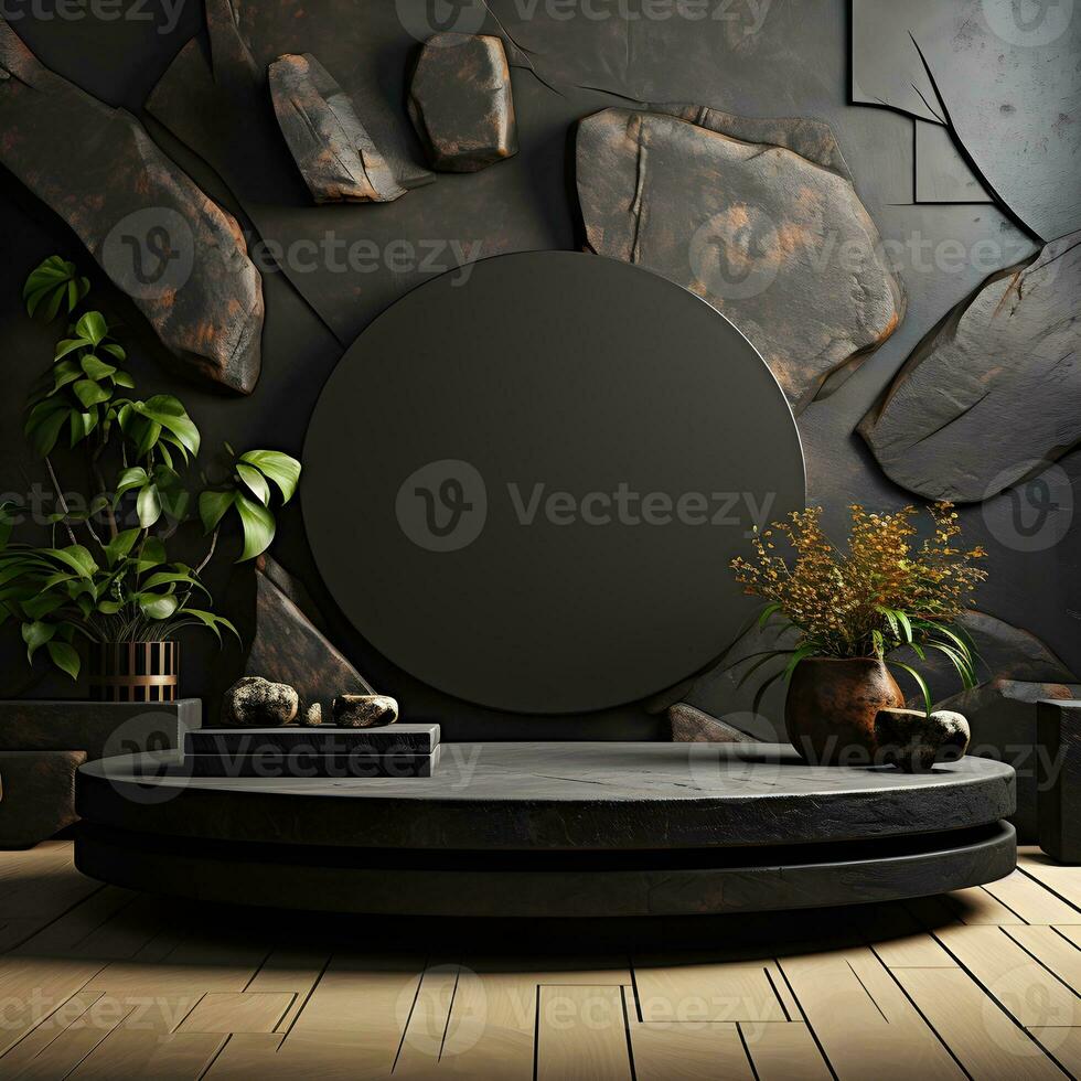 Black stone circle podium pedestal product stage platform 3d background. Generative AI photo