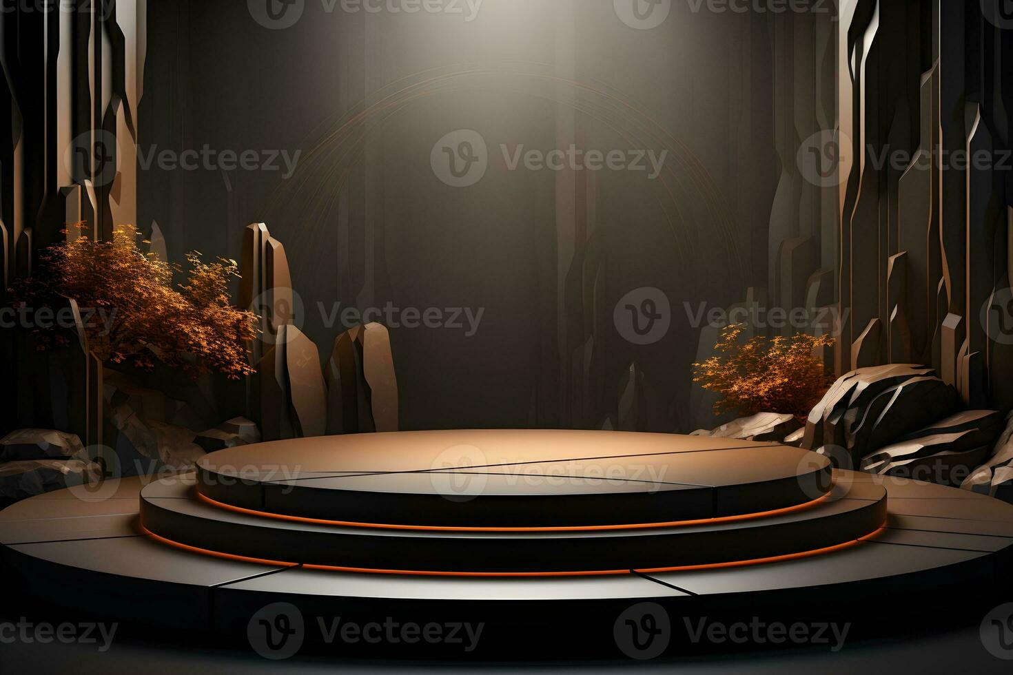 Futuristic dark room with stone floor, 3d render. AI Generative Illustration. Podium for product shoot. photo