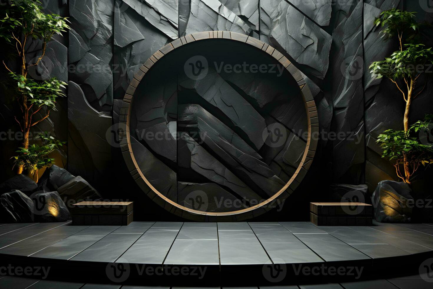 Stone and rock shape 3d render illustration. Round podium, pedestal for brand product exhibition. Solid dark black color AI Generative Illustration. photo