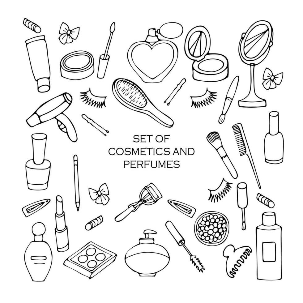 set of cosmetics and perfumes. black and white vector illustration in cartoon style, doodle