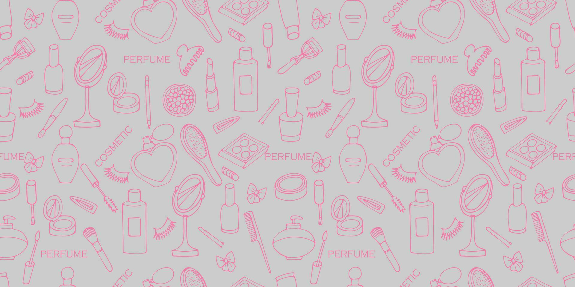 vector pattern with cosmetics and perfumes on a gray background in cartoon style, doodle.