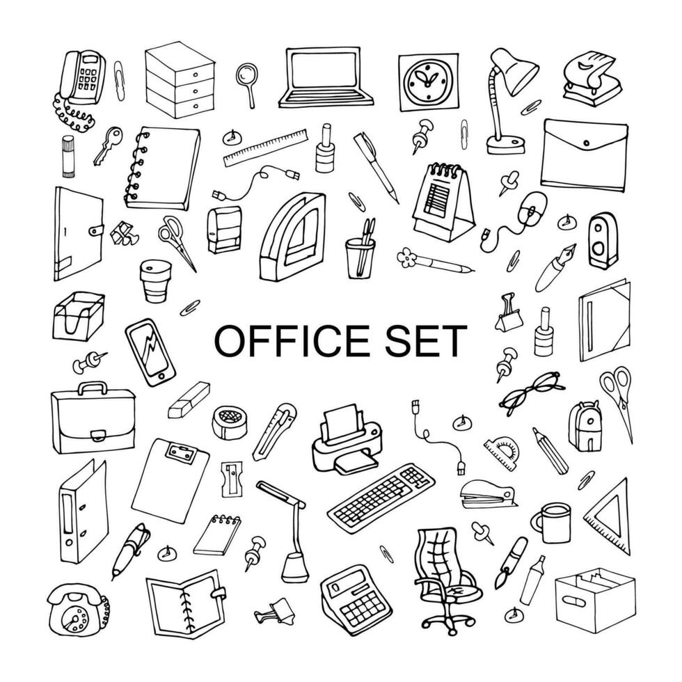 black and white vector illustration office set in doodle style