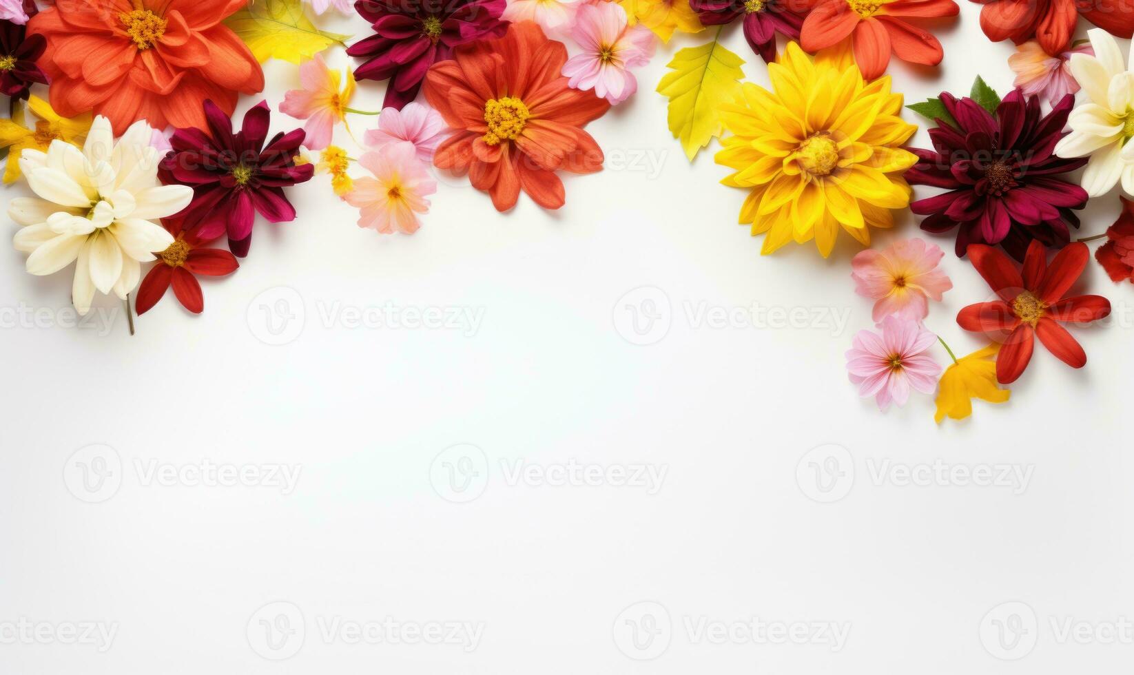 Ai generated Autumn flowers frame on wooden background. Seasonal yellow and red flowers. Autumn background. Space for text. photo