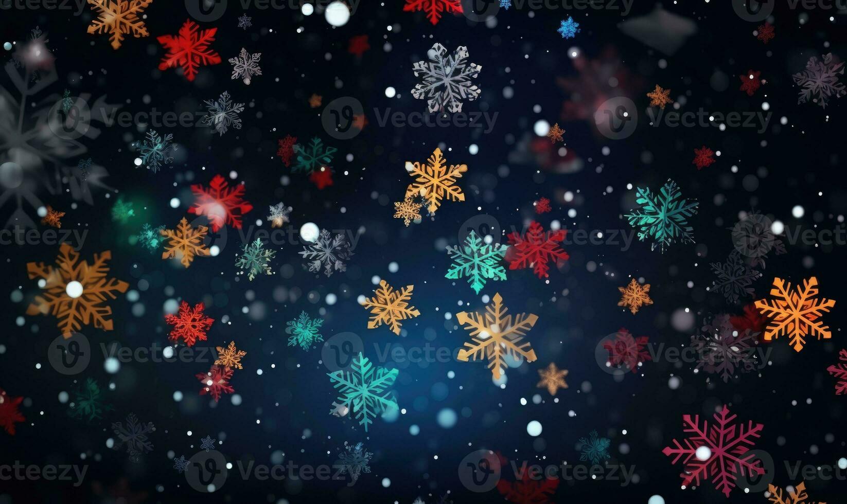 Ai generated Colored snowflakes on dark background. Christmas background concept. photo