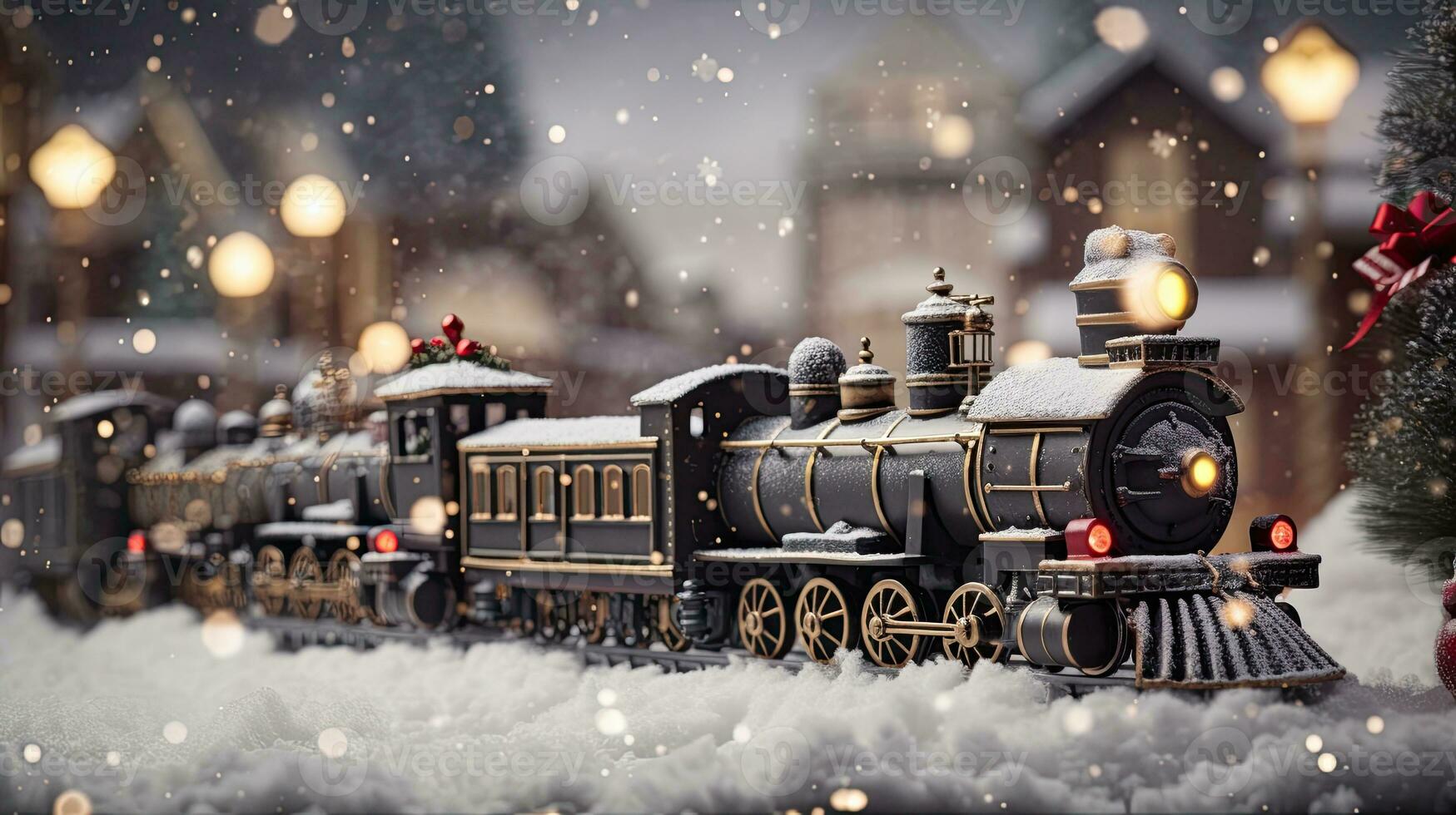 AI Generative Christmas toy train in the snow. Christmas and New Year background. photo