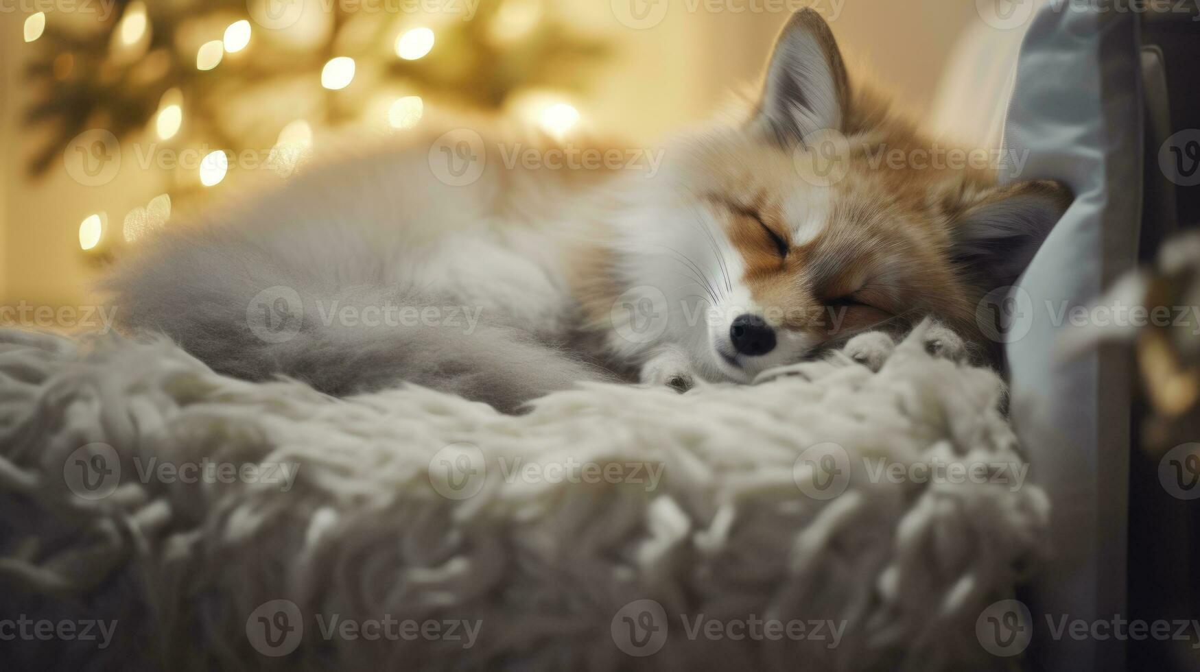 Cute little fox sleeping on sofa in room with Christmas tree and lights Ai generated photo