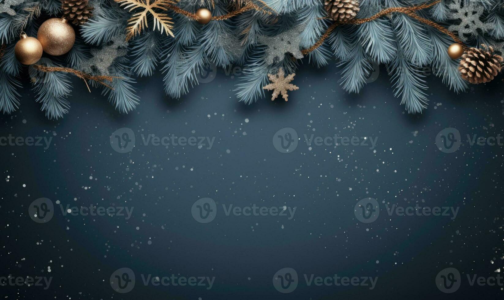 Ai generated Christmas background. Spruce branch and snowflakes frame. Space for text. photo