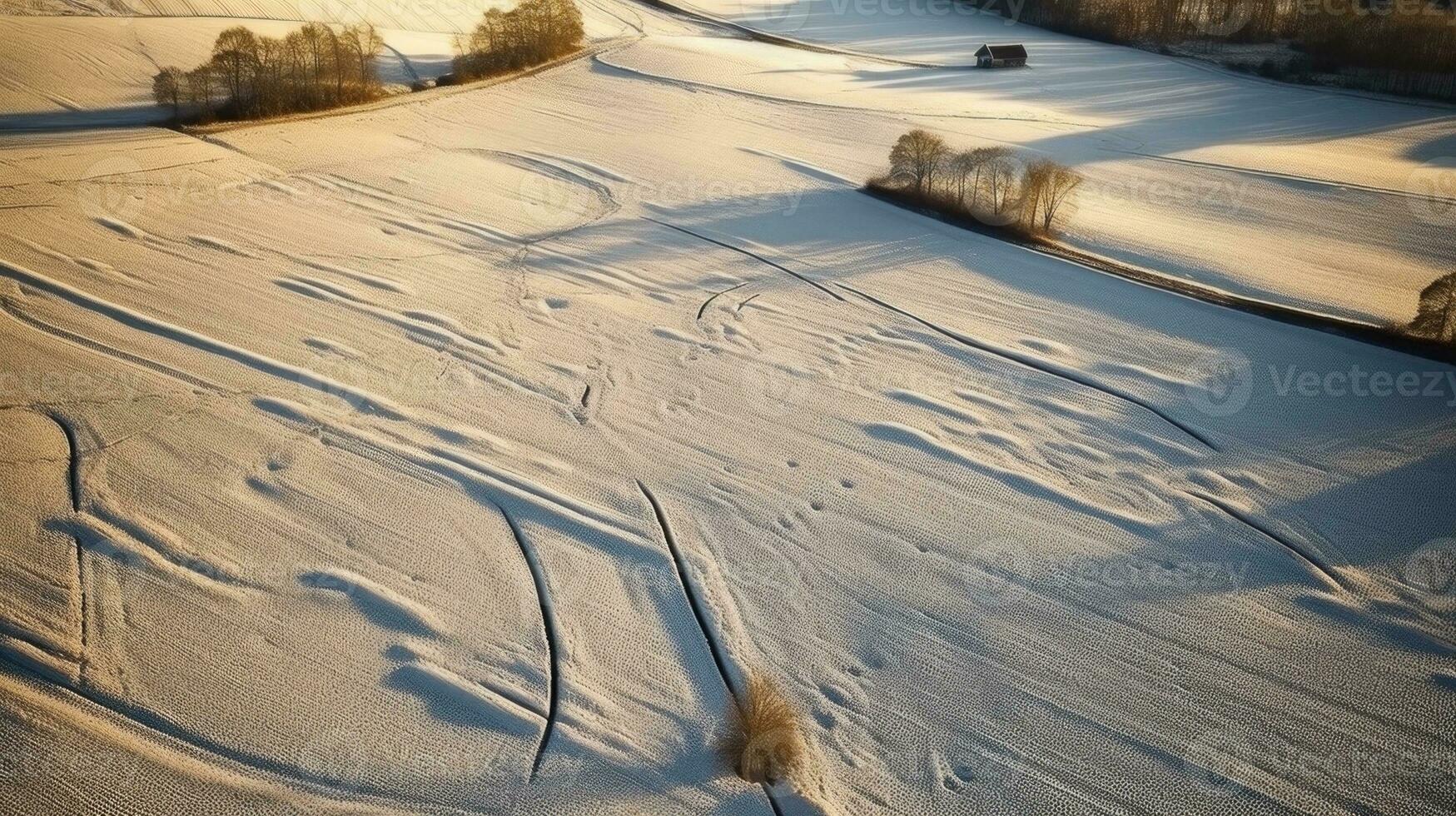 Aerial view of a snow-covered field in winter at sunset. ai generated image photo