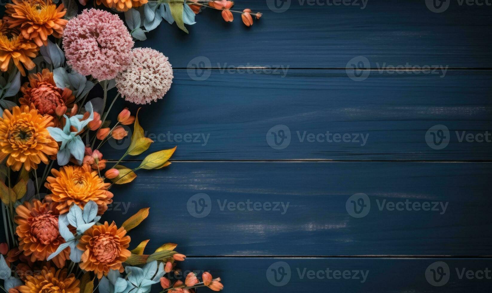 Ai generated Autumn flowers frame on wooden background. Seasonal yellow and red flowers. Autumn background. Space for text. photo