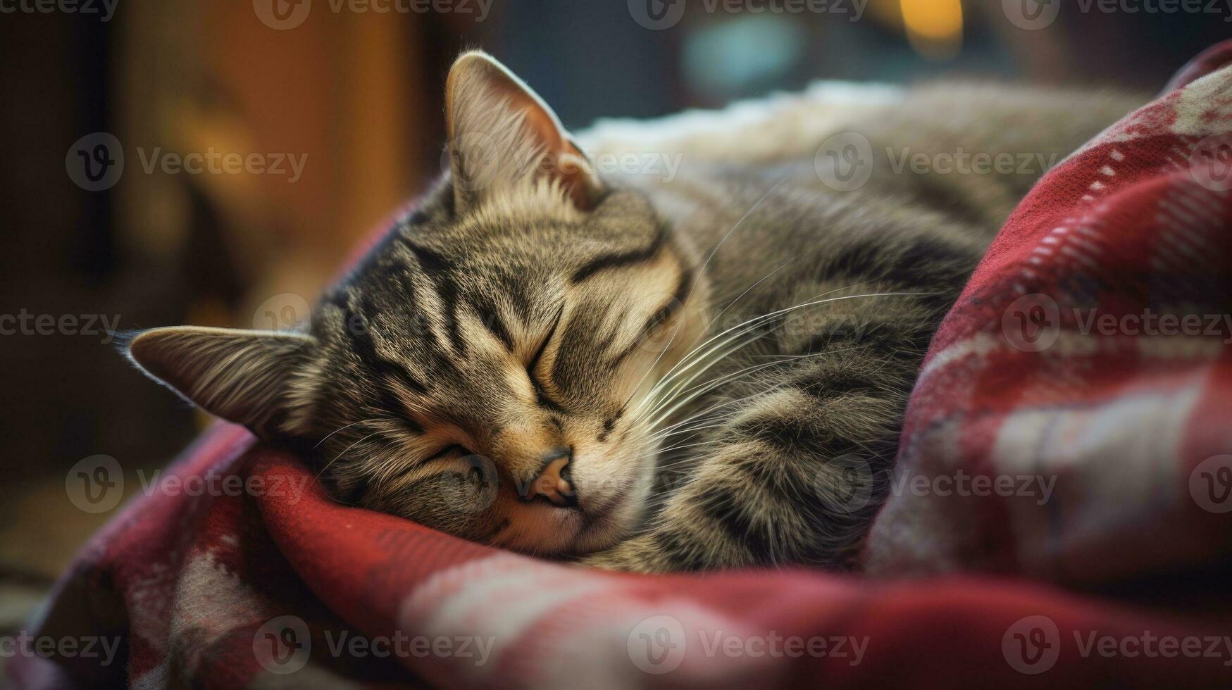 linda atigrado gato dormido en un rojo tartán en el vivo habitación. ai generado foto