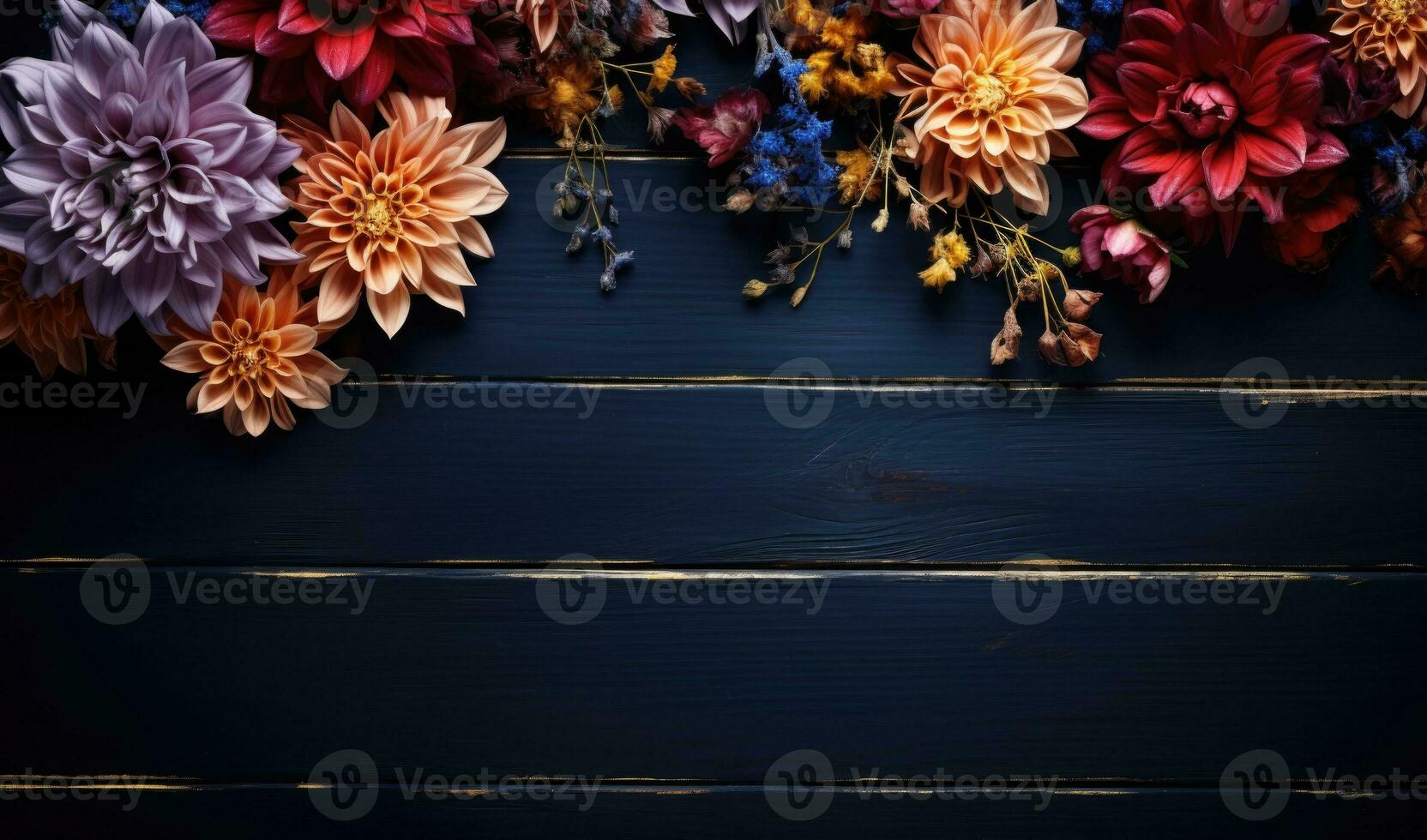 Ai generated Autumn flowers frame on wooden background. Seasonal yellow and red flowers. Autumn background. Space for text. photo