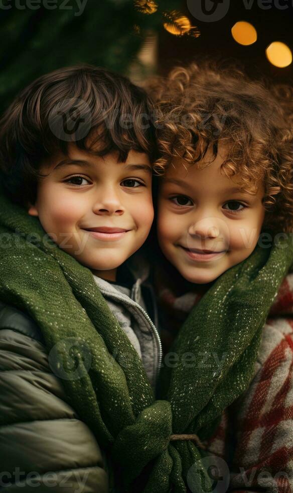 Two kids smiling together. Winter season. Sunset light. Ai generated photo