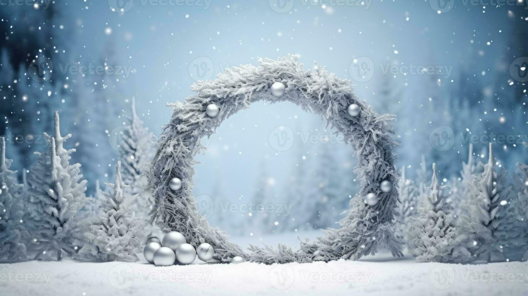 AI Generative Winter forest with snow covered trees. Christmas and New Year background. Christmas wreath with empty space for text. photo