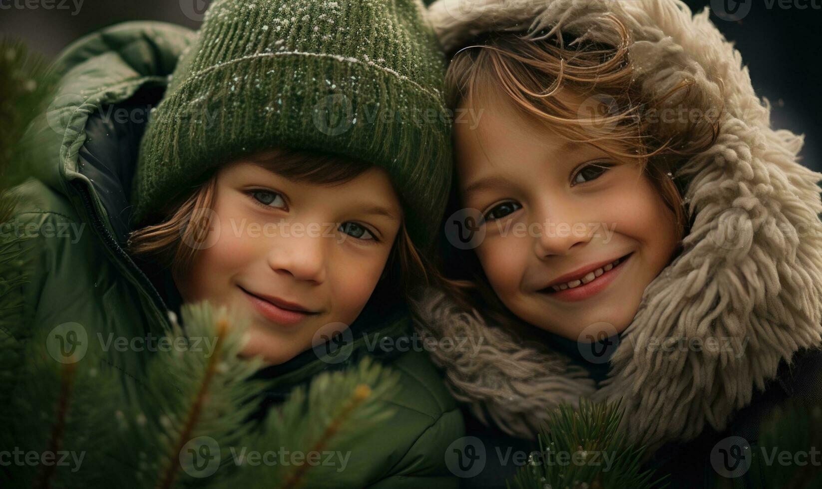 Two kids smiling together. Winter season. Sunset light. Ai generated photo