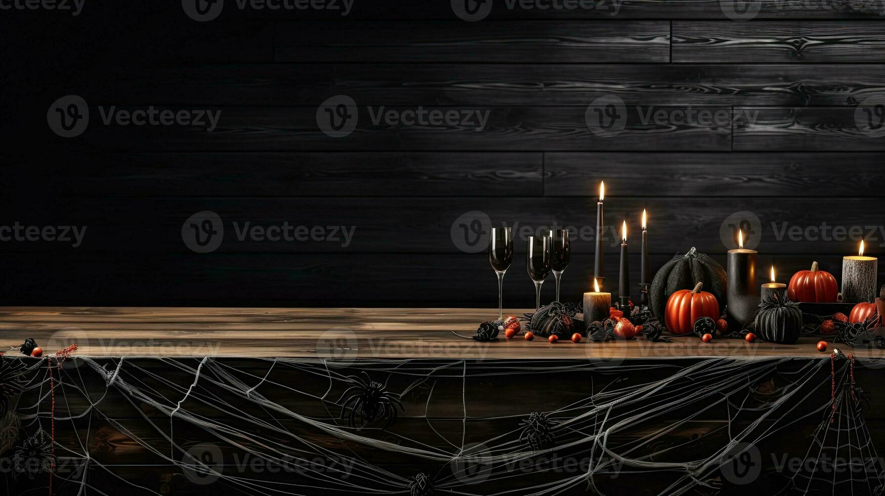 AI Generative Pumpkins and a candle on wooden background. Autumn still life. Halloween background. photo