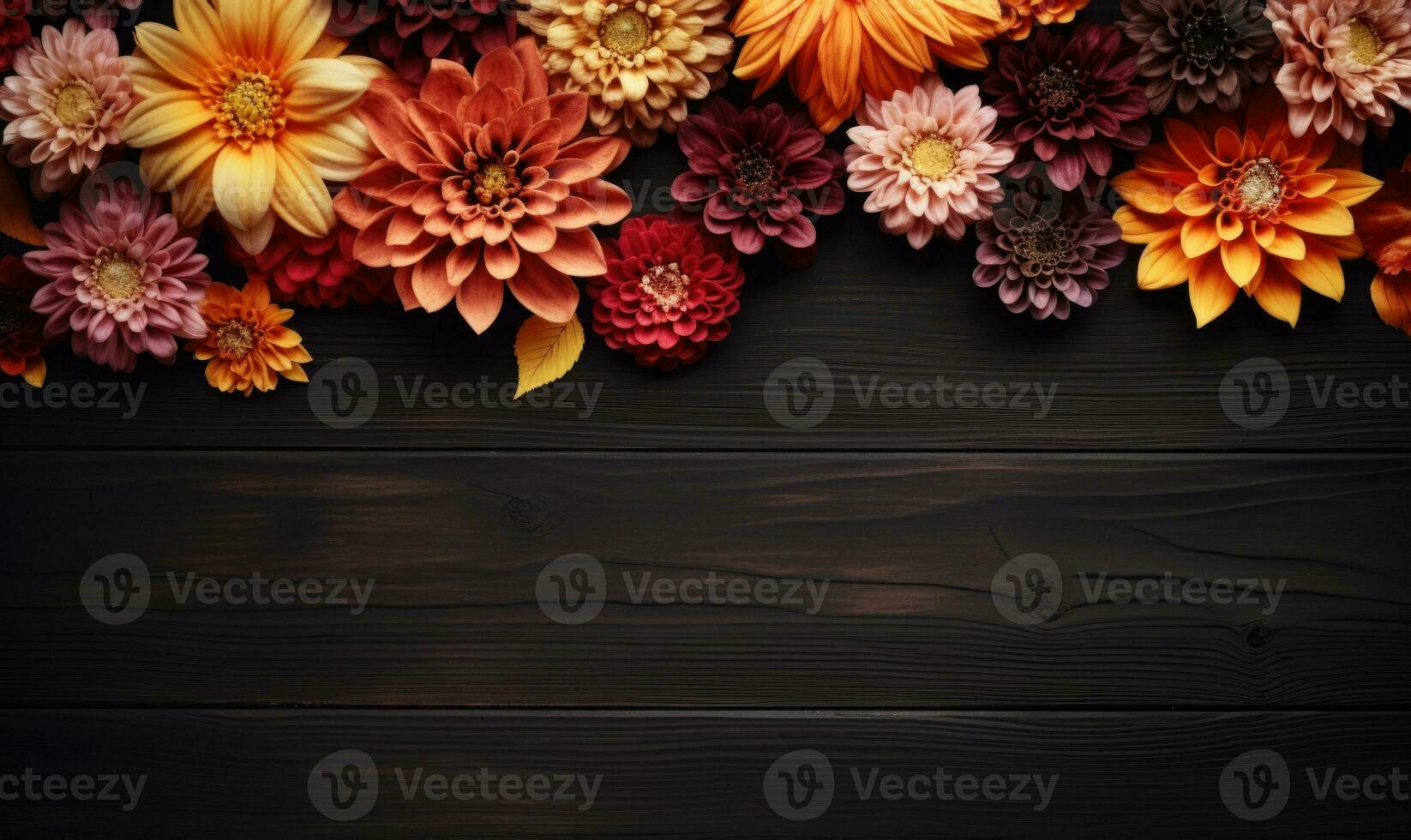 Ai generated Autumn flowers frame on wooden background. Seasonal yellow and red flowers. Autumn background. Space for text. photo