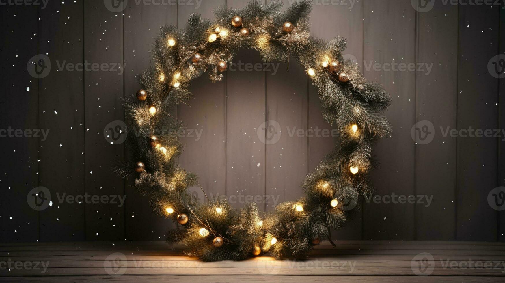 AI Generative Christmas wreath on a dark wooden background with lights and copy space photo