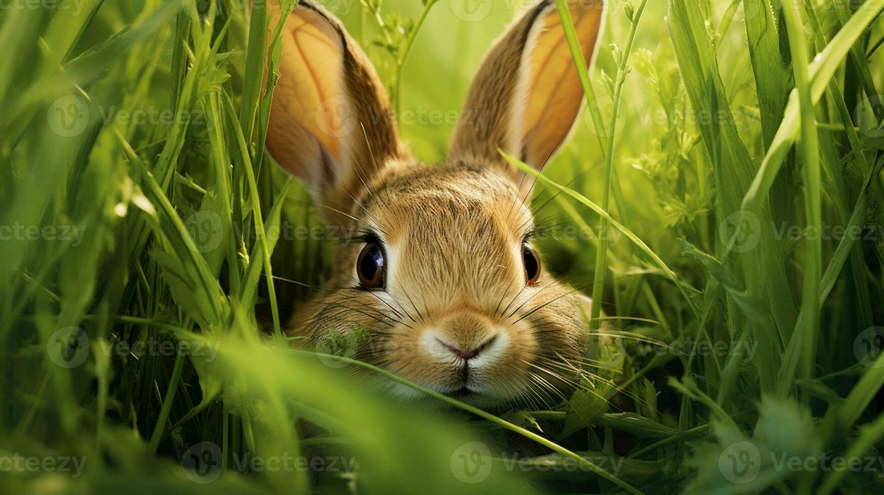 AI Generative Cute little rabbit in green grass. Easter bunny in the grass. photo