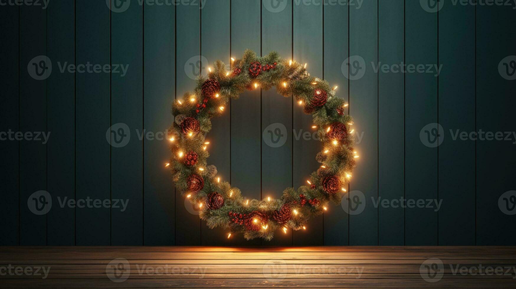 AI Generative Christmas wreath on wooden background with copy space. Christmas garland with warm light. photo