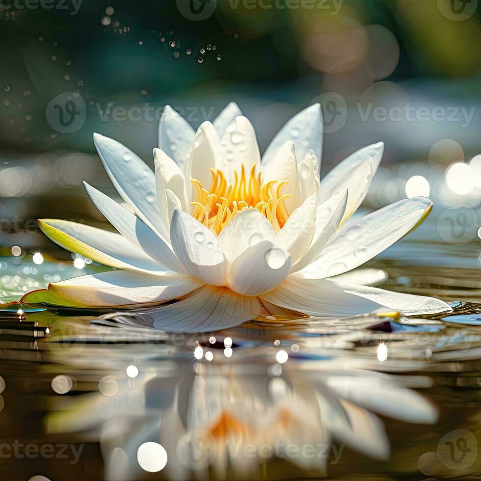 AI Generative Beautiful white water lily with dew drops on the water surface photo