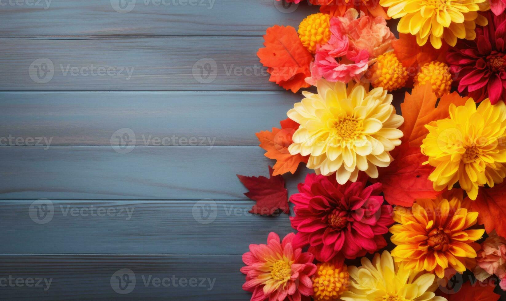 Ai generated Autumn flowers frame on wooden background. Seasonal yellow and red flowers. Autumn background. Space for text. photo