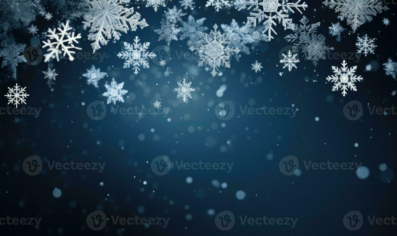 Ai generated Falling snowflakes on blue background. Blurred snowflakes. Christmas background. photo