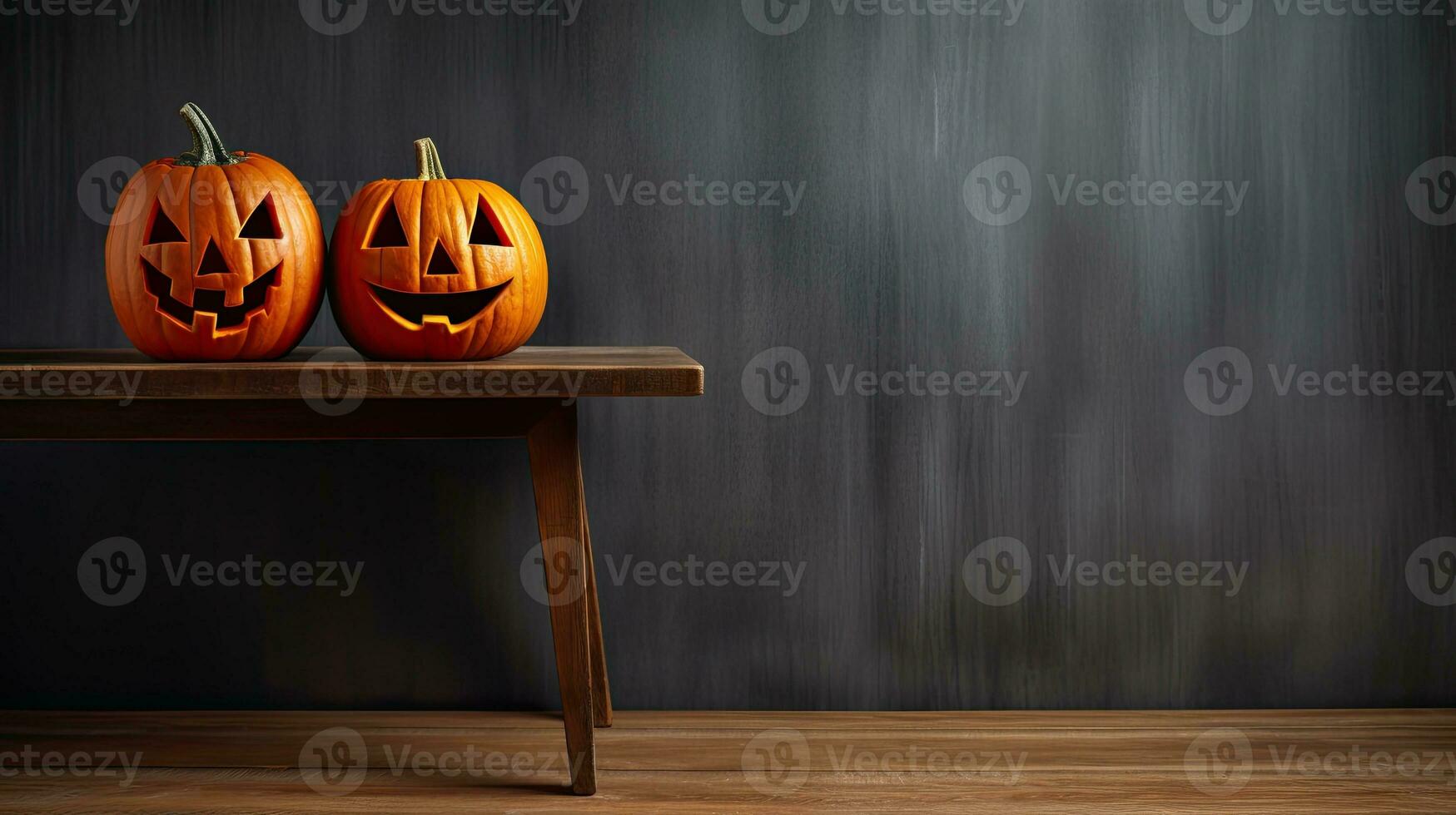 AI Generative Jack lantern on the table. Halloween night. Burning candles. Halloween background. photo